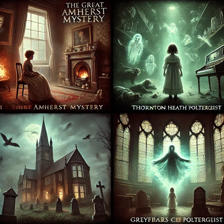 A haunting collage showcasing four famous poltergeist cases: The Great Amherst Mystery, Thornton Heath, Greyfriars Cemetery, and Enfield Poltergeist, with eerie atmospheres.