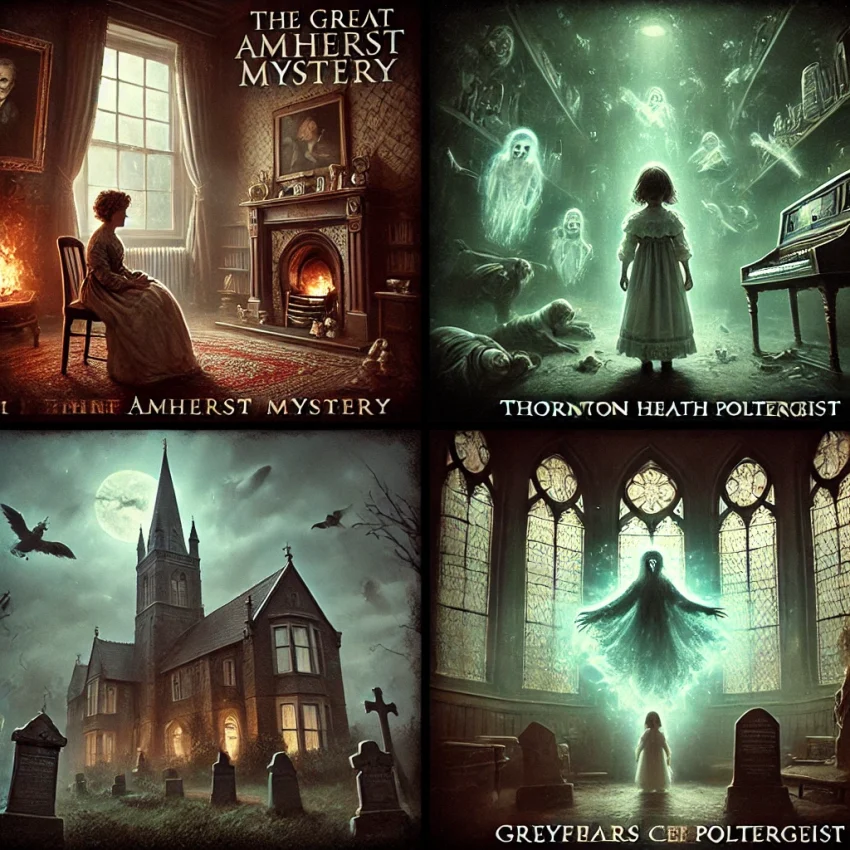 A haunting collage showcasing four famous poltergeist cases: The Great Amherst Mystery, Thornton Heath, Greyfriars Cemetery, and Enfield Poltergeist, with eerie atmospheres.