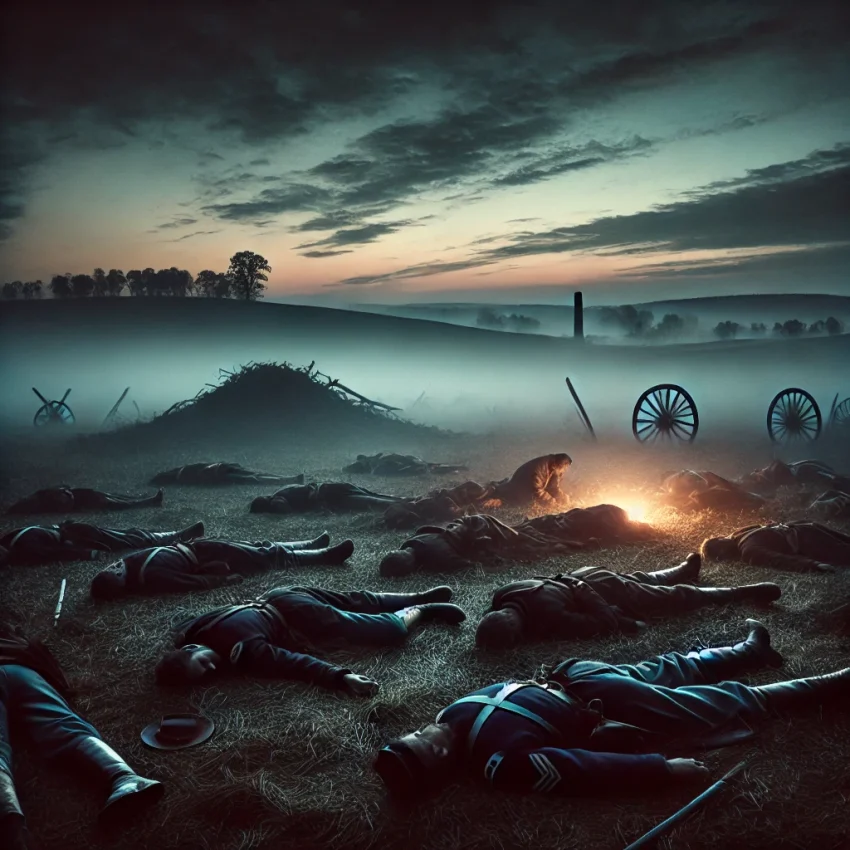 An illustration of the Gettysburg battlefield at night, with glowing apparitions over fallen soldiers, symbolizing mysterious paranormal sightings during the Civil War.