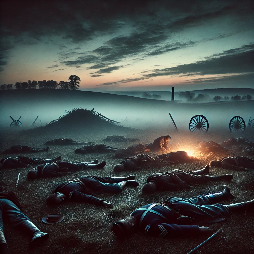 An illustration of the Gettysburg battlefield at night, with glowing apparitions over fallen soldiers, symbolizing mysterious paranormal sightings during the Civil War.