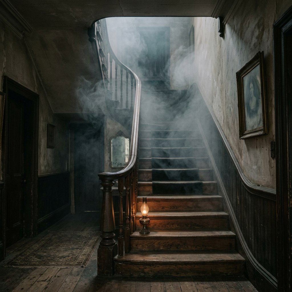 Old wooden staircase with smoke and lantern on step